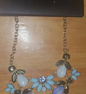 Necklace Long Chain with White Blue & Black Gems